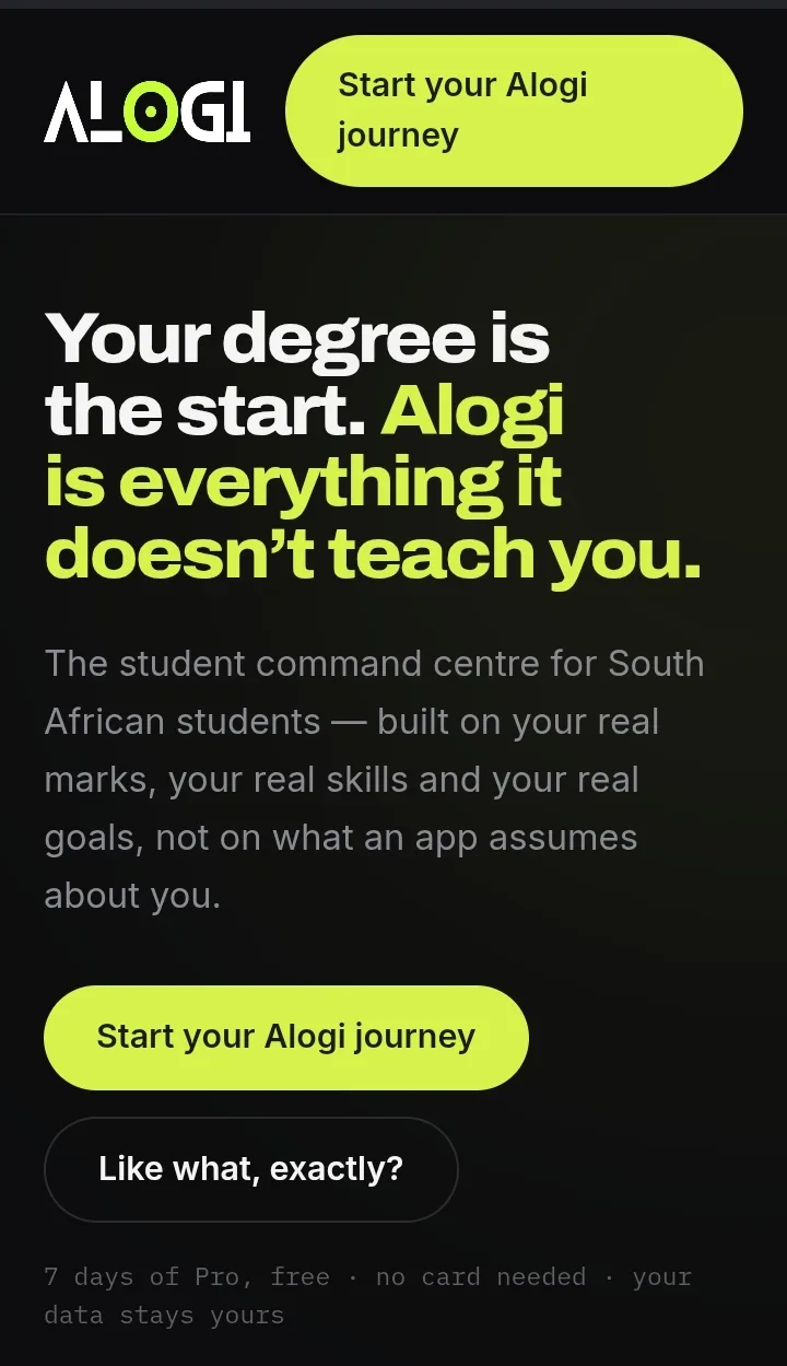 The Alogi website: a funding panel matching a student’s average against two bursaries, showing which one they qualify for.