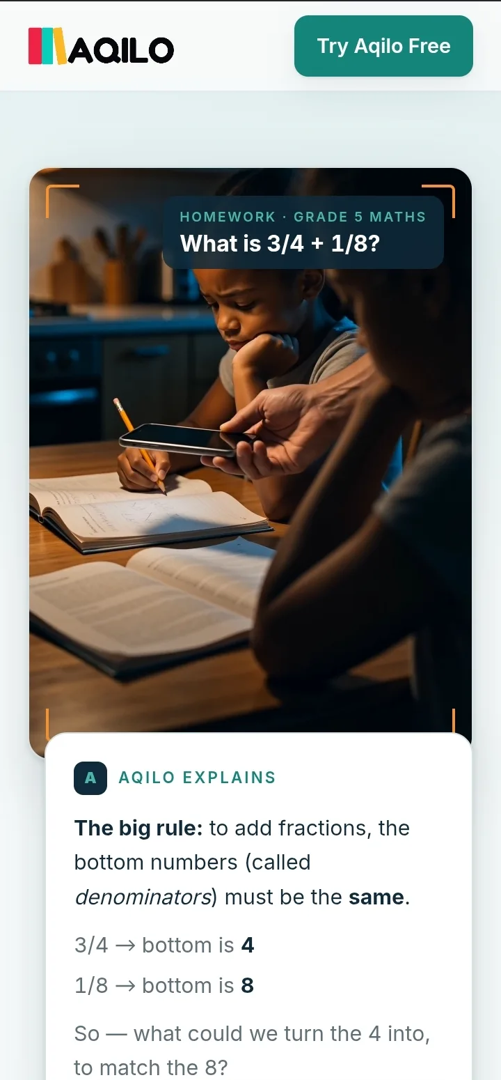 The Aqilo website: a parent photographing a child’s homework question, beside a panel explaining the method and giving the parent words to use.