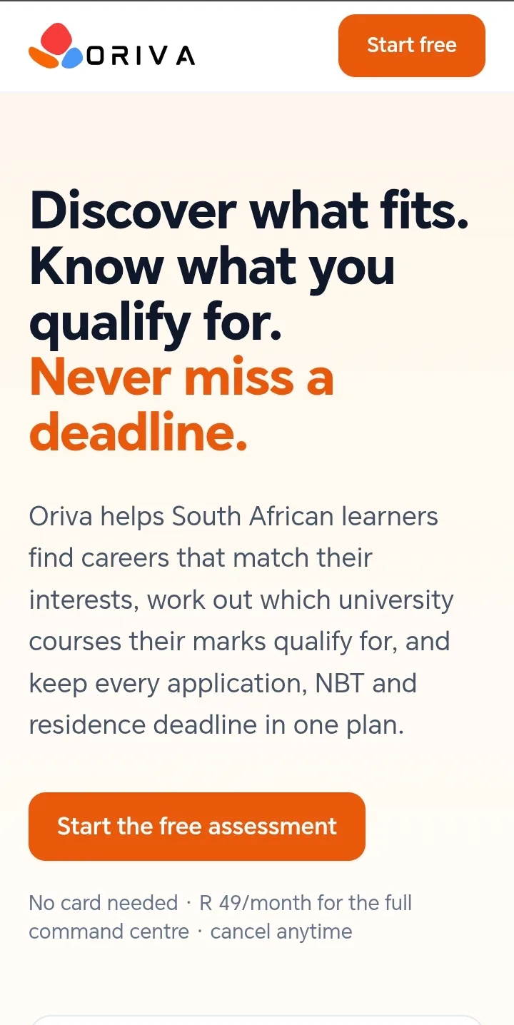 The Oriva website: a board of four university applications with their statuses and days remaining, and the next action to take.